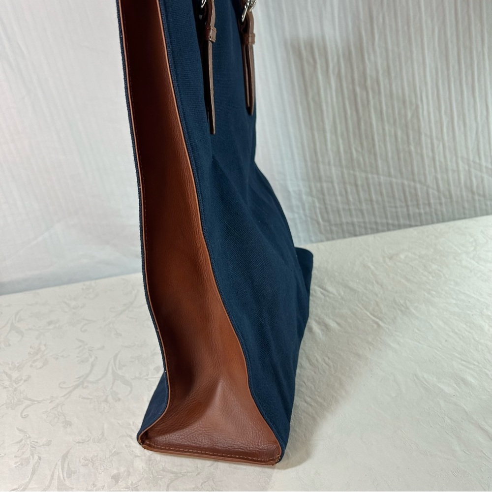 Talbots Blue canvas with Tan leather trim and Handles Tote Shoulder Bag - Picture 5 of 10